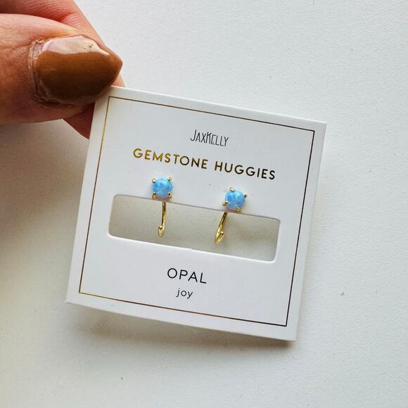 NEW ANTHROPOLOGIE JaxKelly Blue Fire Opal 18kt Tiny Stone Gemstone Hoop Earring - Picture 5 of 8